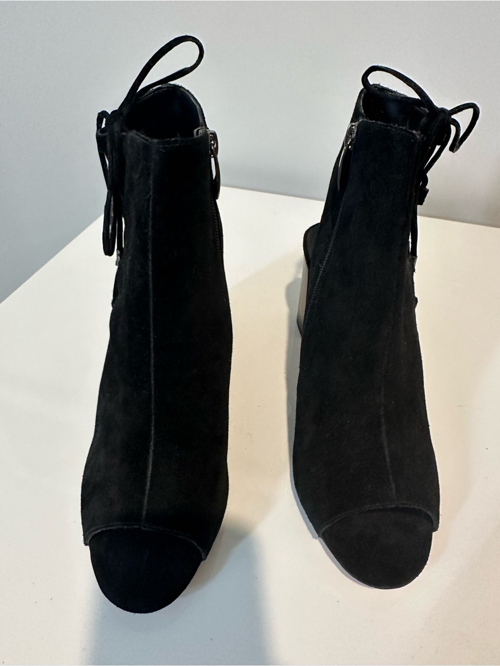 Women's Black Suede Peep-Toe Ankle Boots 9.5